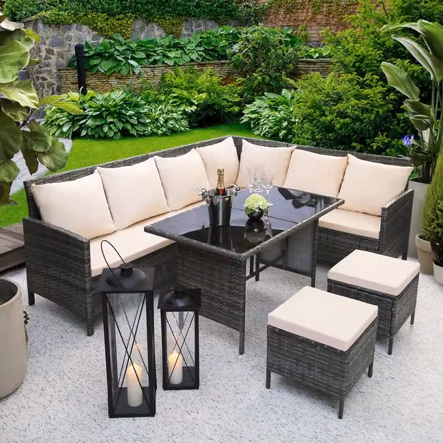 Home Garden Direct Thalia 8 Seater Outdoor Sofa Set with Glass Table in Beige and Grey Rattan