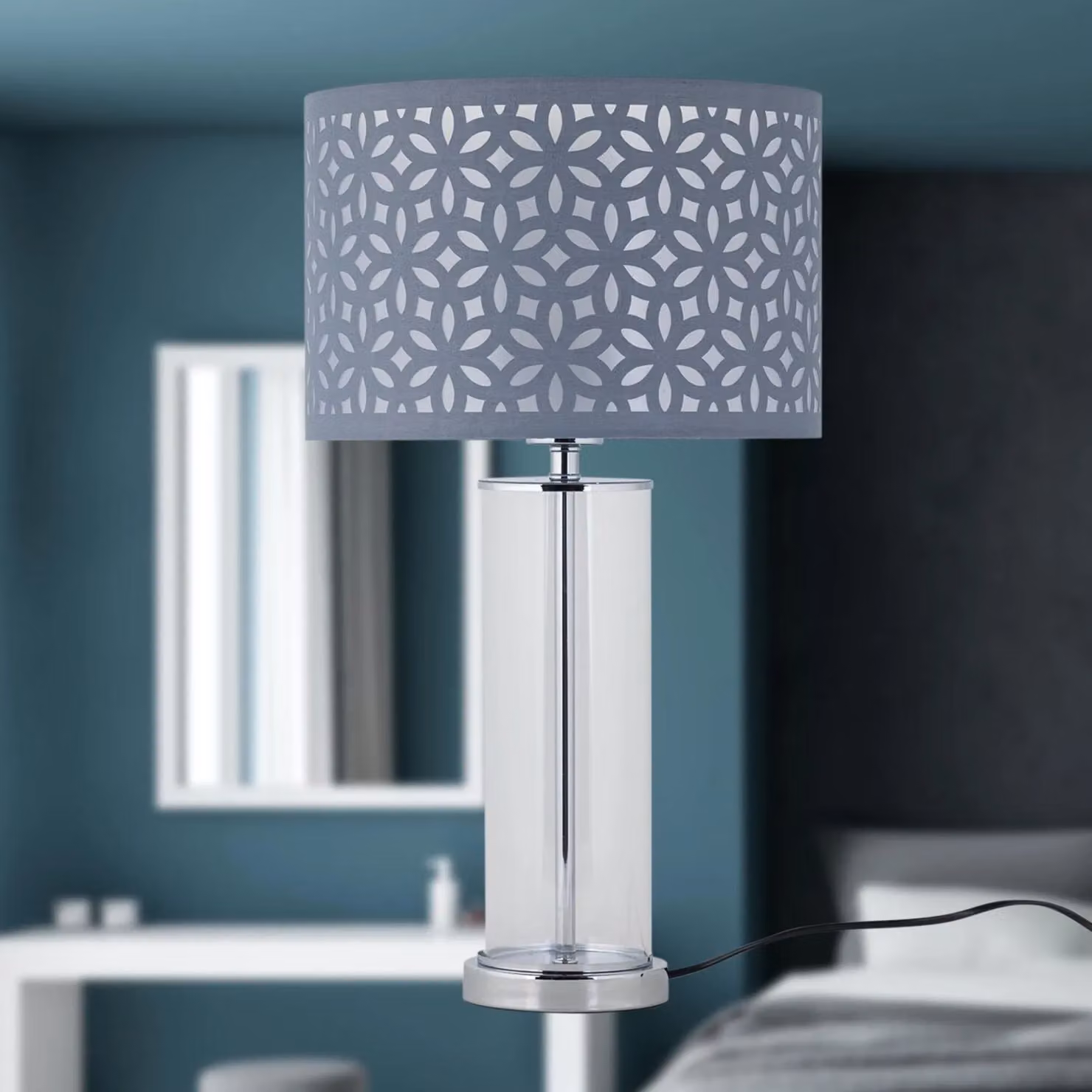 First Choice Lighting Aura Chrome Table Lamp with Grey Shade – 3