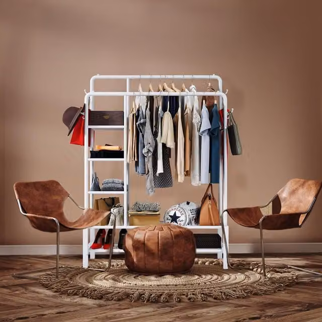 Klass Home Collection Heavy Duty Double Clothes Rail with Shoe Racks and Storage Shelves in White