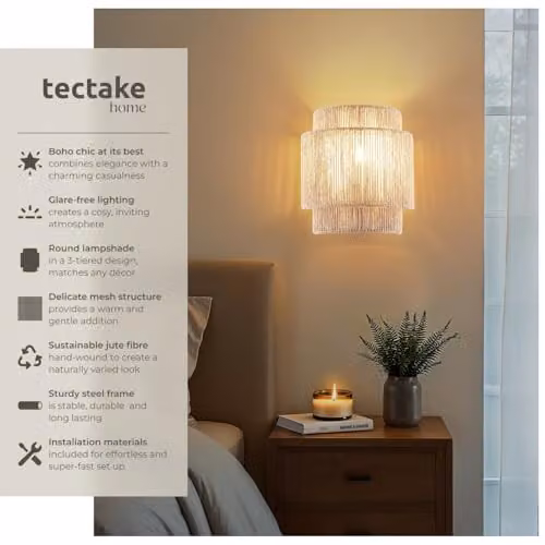 tectake Boho Style Wall Lamp with 3-Tier Jute Lampshade and Metal Frame, Beige and Brown, W/D/H: 23 x 12 x 25.5 cm – 2