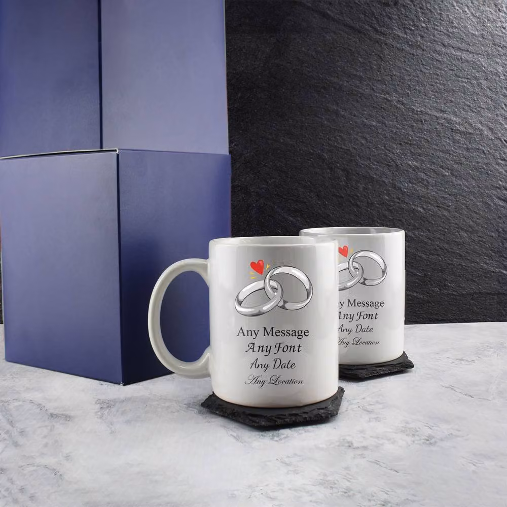 Uniqueful Personalised Wedding Rings Mug Set, White Ceramic 11oz Mugs – 2
