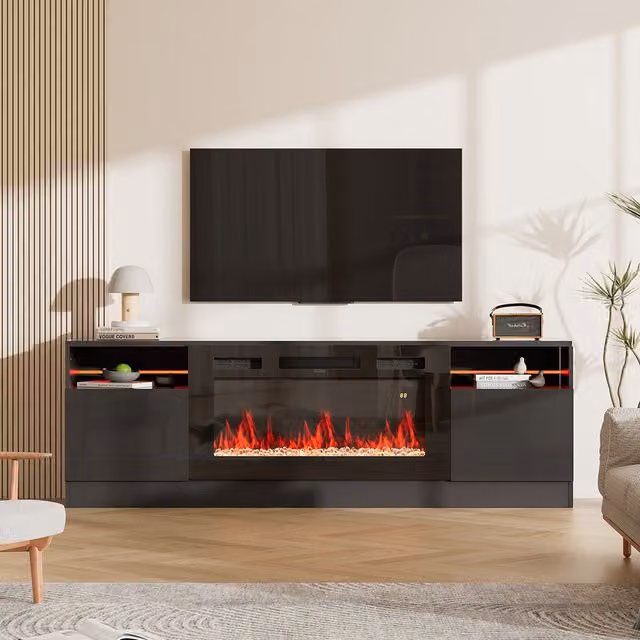 Livingandhome Modern Electric Fireplace TV Stand with Recessed Design in Black Glossy Glass, MDF and Metal