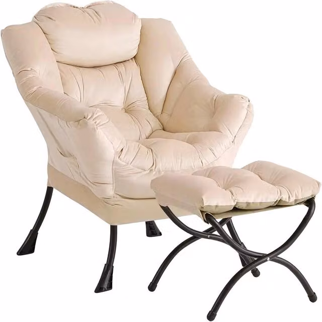 VOGREX Modern Lazy Lounge Armchair with Footstool in Off-White