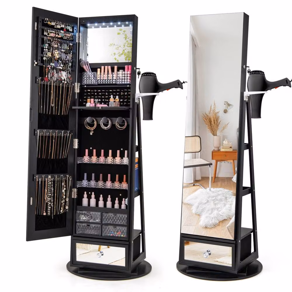 Costway 4 in 1 Swivel Lockable Jewelry Armoire with LED Lighting and Mirror in Black – 3