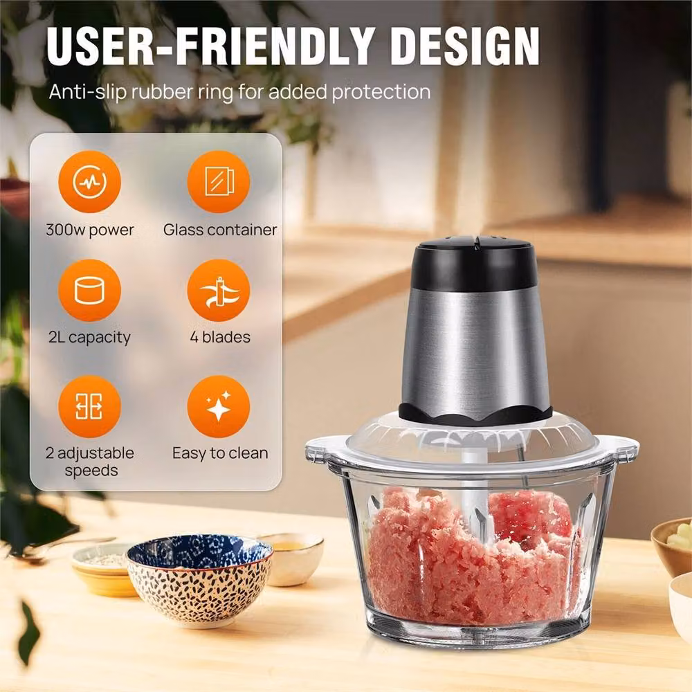Nordara 2-Speed Electric Mini Food Chopper with 2000ml Glass Bowl in Silver – 5