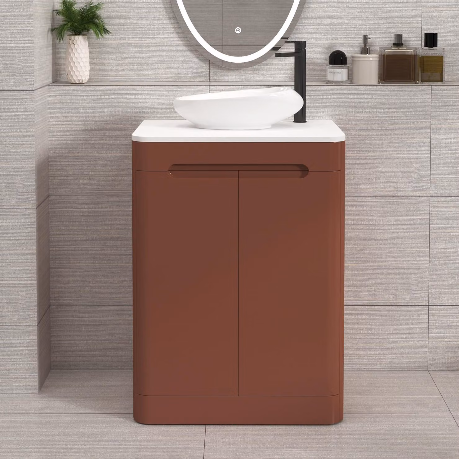 Royal Bathrooms Venice 600mm Terracotta Clay Floor Standing 2 Door Vanity Unit with Plain White Worktop and Nova Basin