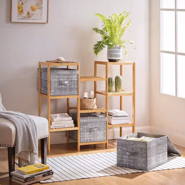 SONGMICS Set of 3 Foldable Fabric Storage Boxes with Lids, Grey, W/D/H: 30 x 30 x 25 cm