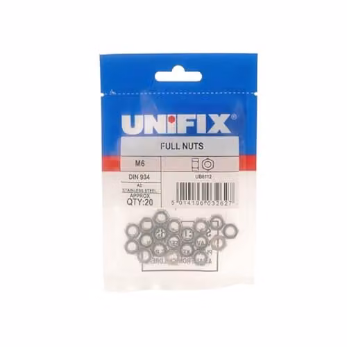 Unifix M10 x 1.50 DIN 934 Stainless Steel Hex Full Nuts, Silver (Box of 50)