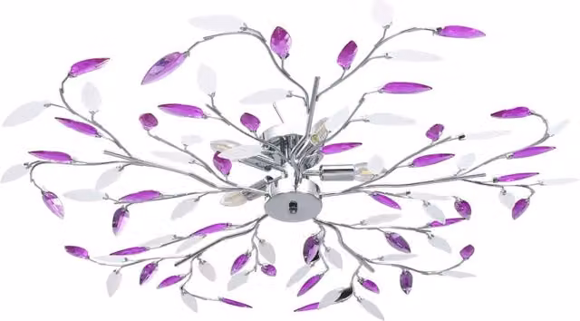 Berkfield Home Modern Ceiling Lamp with Purple Acrylic Crystal Leaf Arms and Chrome Metal Finish for 5 x E14 Bulbs