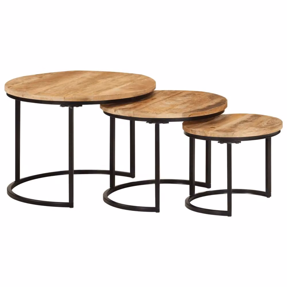 Berkfield Home Set of 3 Round Nesting Tables in Brown Rustic Mango Wood and Metal – 2