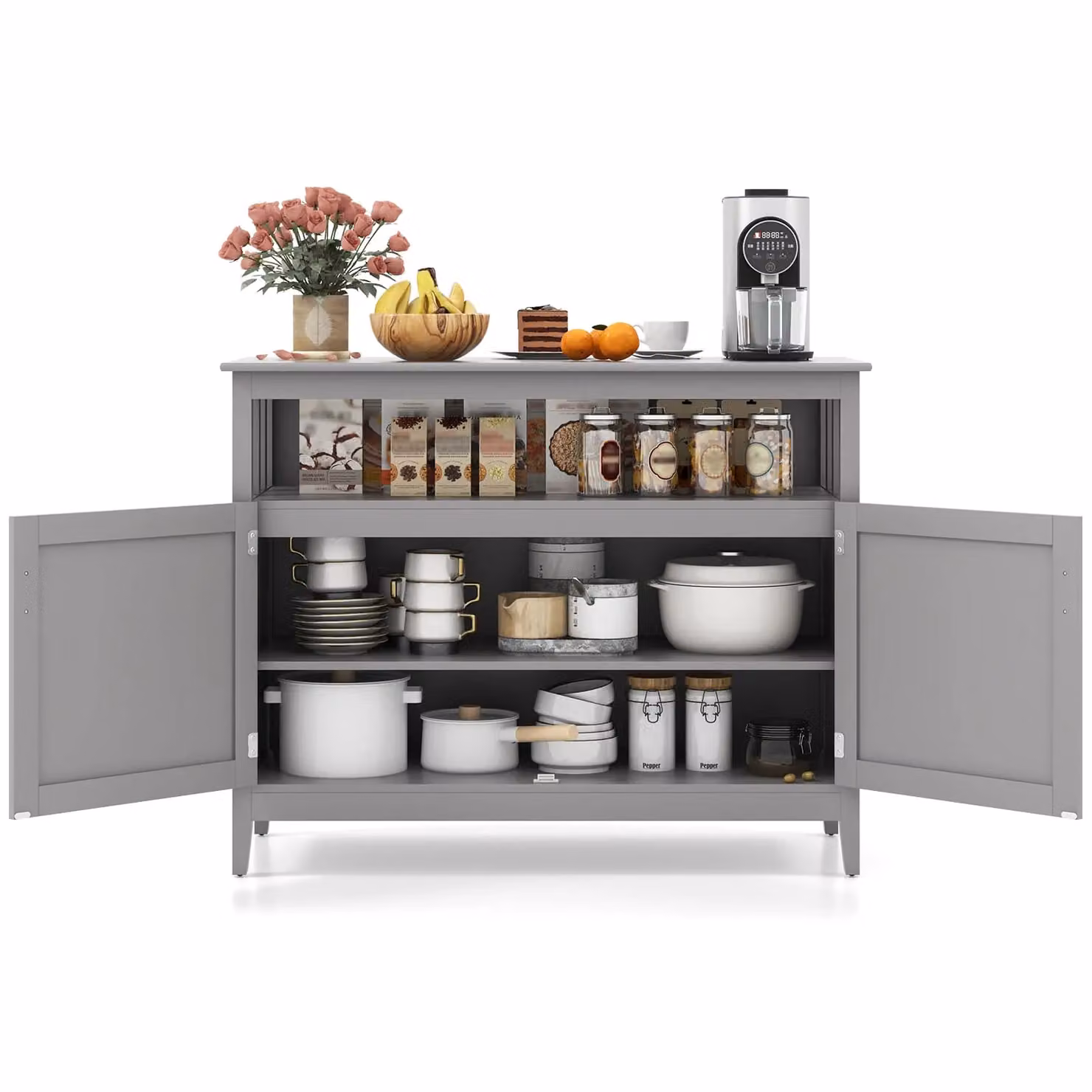 Costway Modern Grey Storage Cabinet and Kitchen Buffet Sideboard with Internal Shelves and Hinged Doors – 4