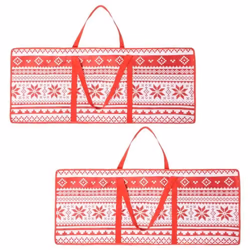 OHS Set of 2 Nordic Christmas Wrapping Paper Storage Bags in Red and White with Interior Mesh Pockets and Handles