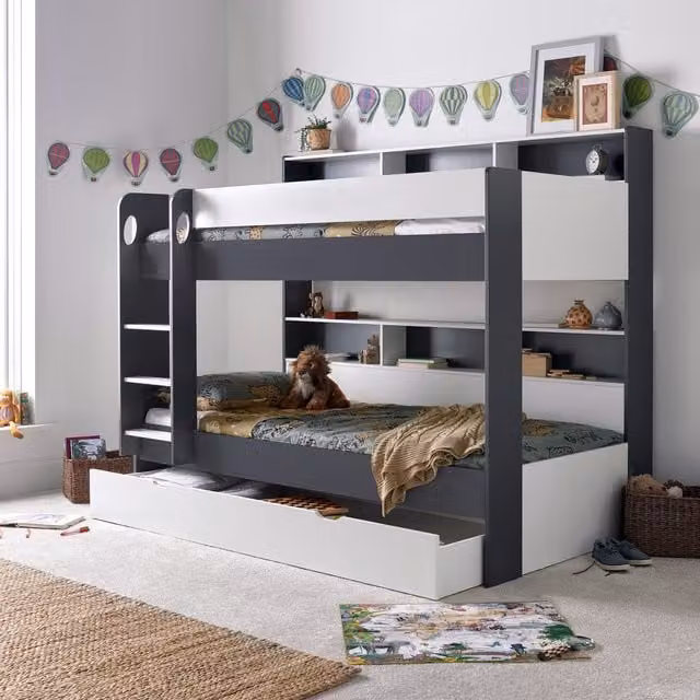 Bedmaster Olly Grey and White Two-Level Bunk Bed with Orthopaedic Spring Mattresses