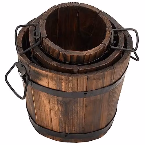 vidaXL 3 Piece Brown Solid Wood Fir Bucket Planter Set – 5