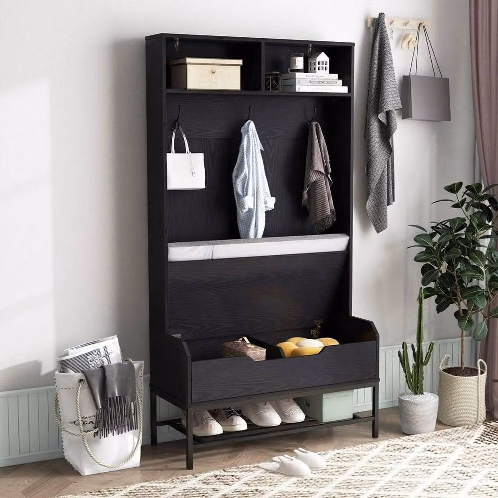 KORVIXA 4-in-1 Modern Hall Tree with Bench and Coat Rack, Black, H 170 cm x W 100 cm – 3