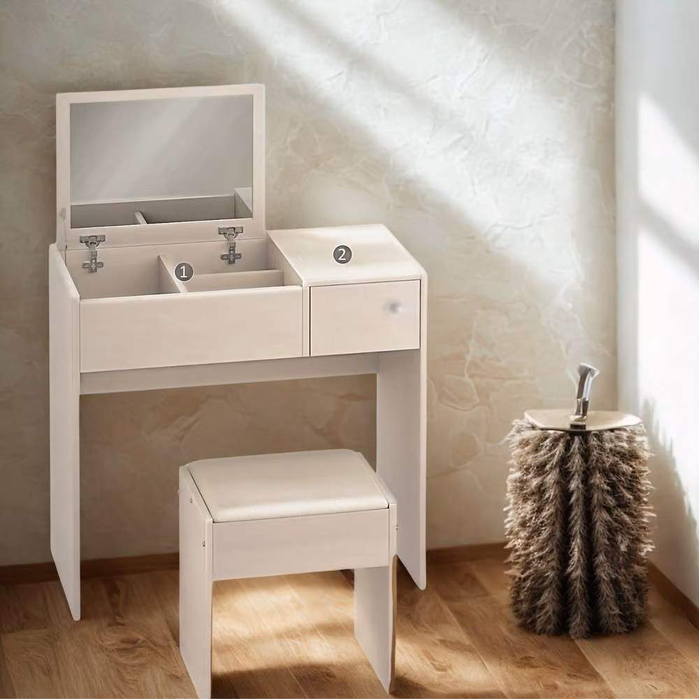 Pirlo Plush 2-in-1 Flip-Up Dressing Table and Workstation with Stool in White – 3