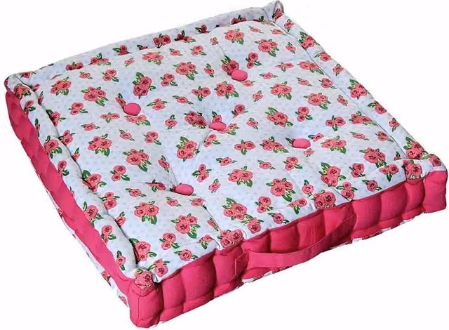 Homescapes Roses & Dots Cotton Floor Cushion in Pink, Green and White, W/D/H: 50 x 50 x 10 cm