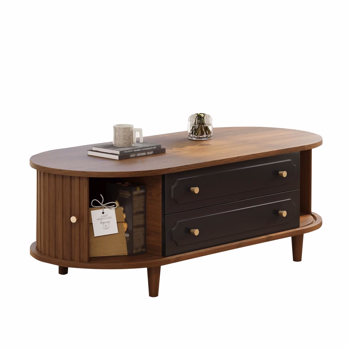 Aosom UK Minimalist Walnut Living Room Coffee Table with 2 Drawers and Roll-Up Door, W: 100 cm, D: 50 cm, H: 36 cm – 2