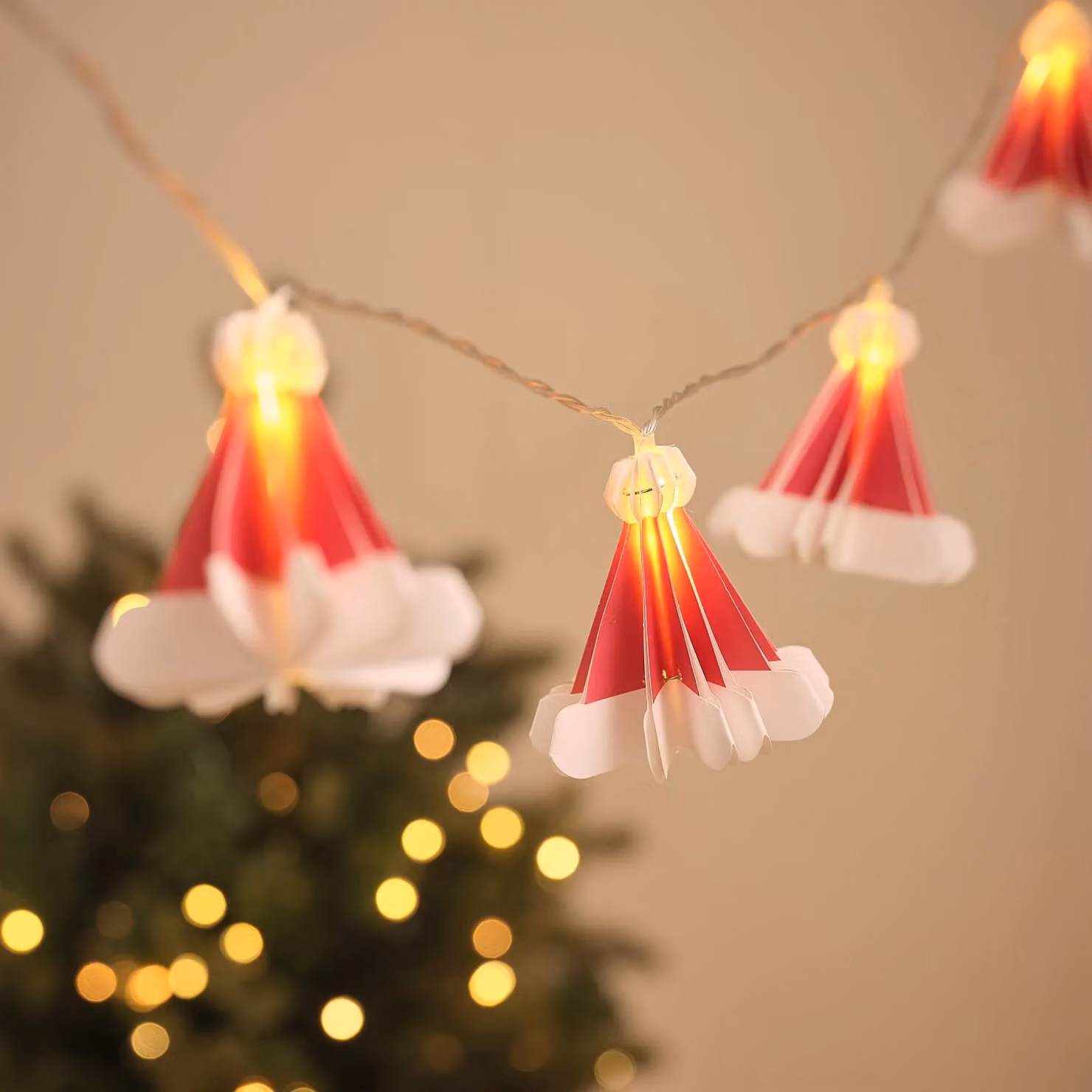 10 Red Paper Santa Hat LED Fairy Lights with Warm White Glow