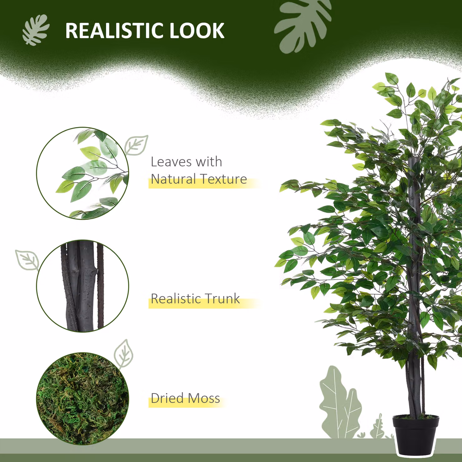 Outsunny 145cm Artificial Banyan Tree in Green with Cement Pot – 3