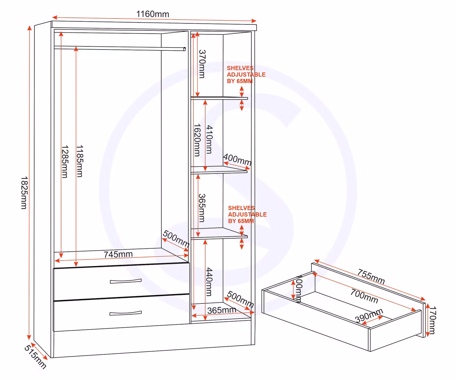 Seconique Nevada 3 Door 2 Drawer Mirrored Wardrobe in Oyster Gloss and Oak, H 182.5 x W 116.0 x D 52.0 cm – 2