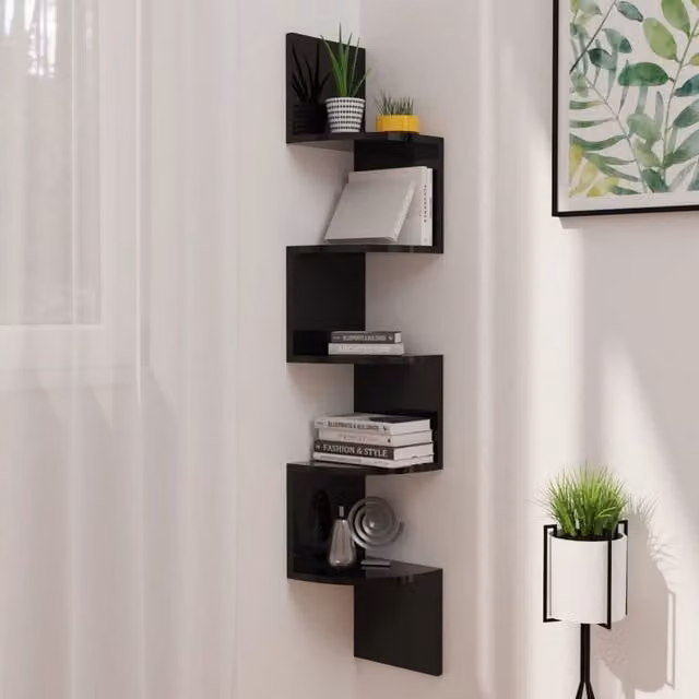 Berkfield Home High Gloss Black Wall Corner Shelf, W/D/H: 19 x 19 x 123 cm