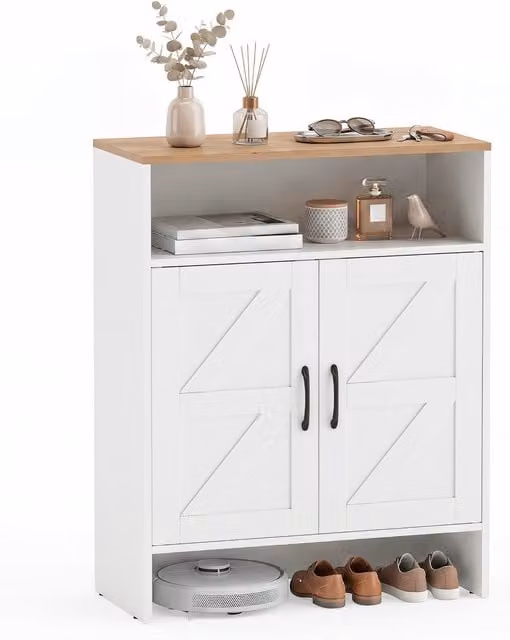 COSTWAY Rustic White Shoe Cabinet with 2 Hinged Barn Doors and Internal Shelves