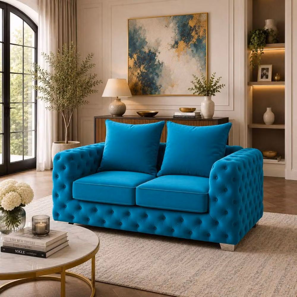 Stratus Interiors Ashley Chesterfield 2 Seater Scatter Back Upholstered Velvet Sofa in Petrol Teal, W: 177.8 cm, H: 76.0 cm, D: 67.0 cm – 3