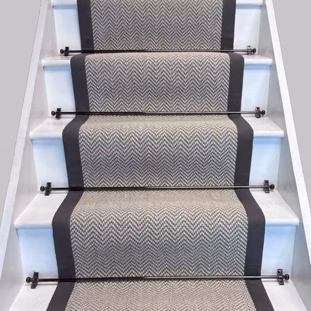 RainbowHome Herringbone Dapple Pure Wool Stair Runner with Grey Cotton Border in White, W: 65 cm x L: 600 cm – 1