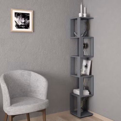 Shefa Line 5 Tier Corner Bookshelf, Freestanding Slim Cube Storage Unit for Living Room or Home Office, Anthracite Grey, Height: 168 cm – 2