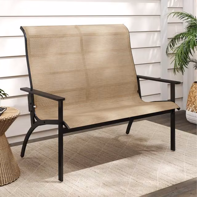 COSTWAY Modern Metal Garden Bench in Brown and Beige