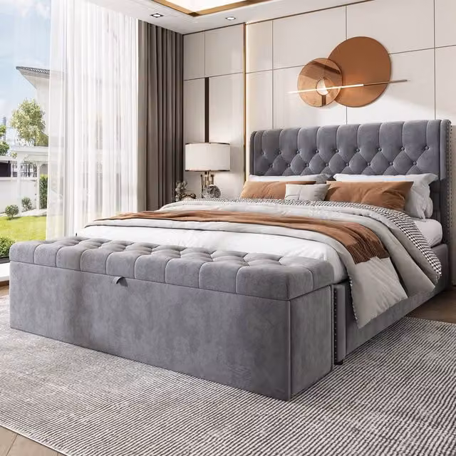 Merax Double Ottoman Bed with Storage Bench in Grey Velvet Upholstery, W/D/H: 135 x 190 cm – 1