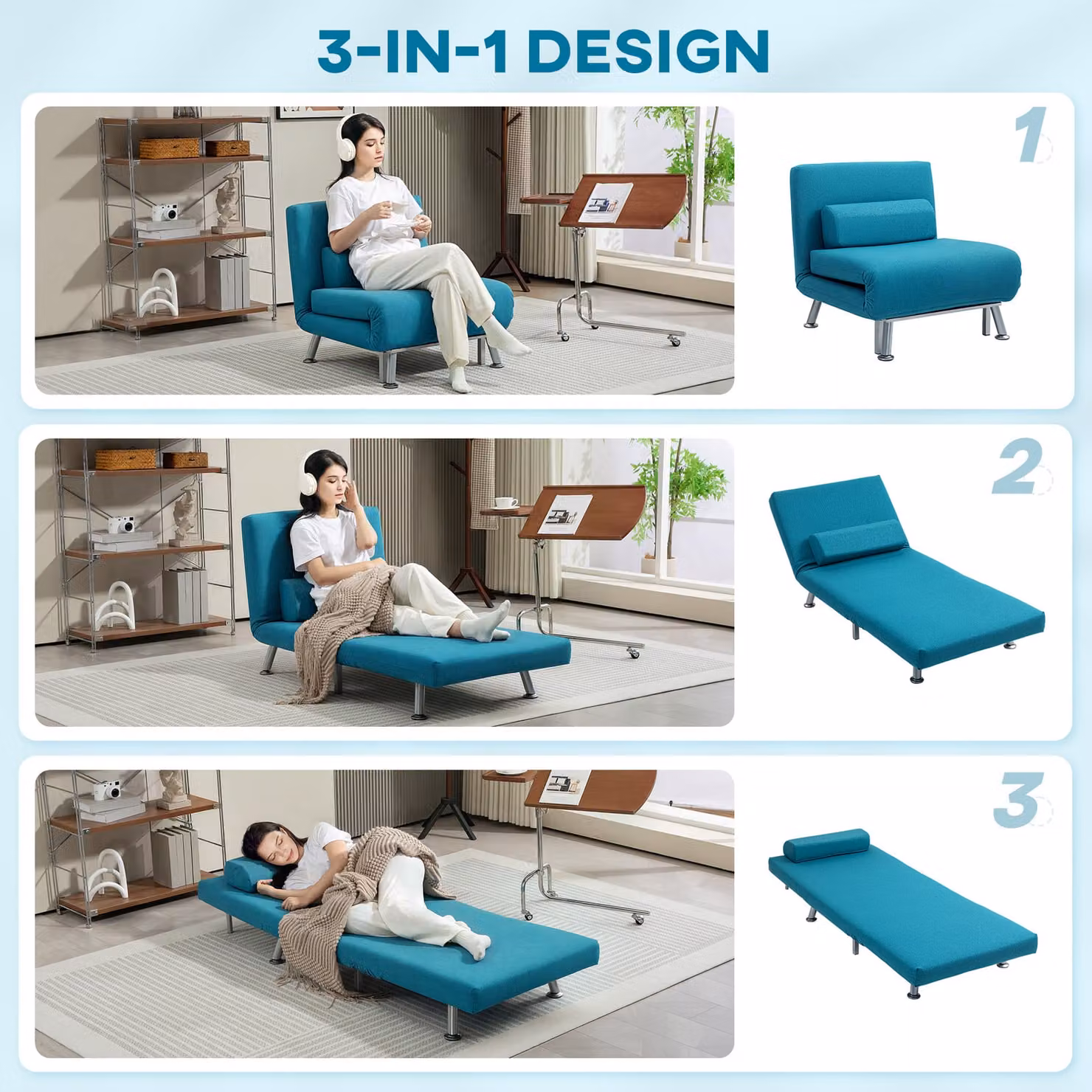 HOMCOM Single Linen-Feel Sleeper Chair in Dark Blue with Armrests and Metal Frame – 4