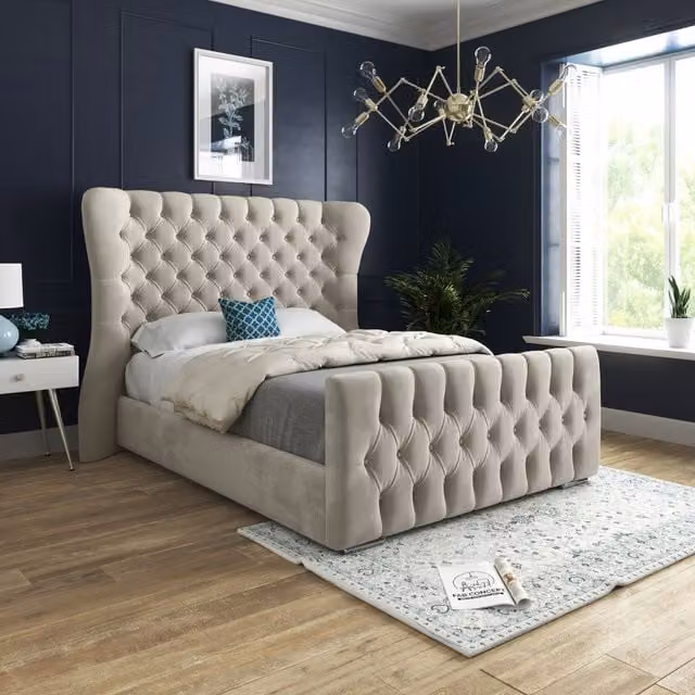 Casani Parma Wide Curved Winged Upholstered Soft Velvet Bed Frame in Beige, Size: 180 x 200 cm – 1
