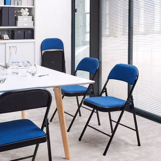 Wyld and Coco Set of 4 Blue Fabric Padded Folding Chairs with Black Metal Frame – 1