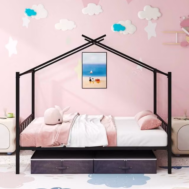 KORVIXA Double Size House Bed with Metal Frame and Slats in Black, W/D/H: 140 x 200 cm