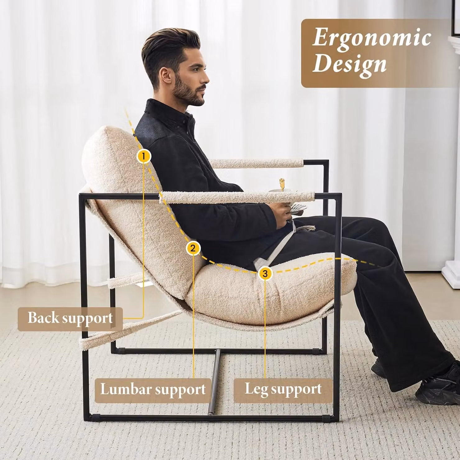 MCC Direct White Boucle Fabric Lounge Chair with Metal Frame – 3