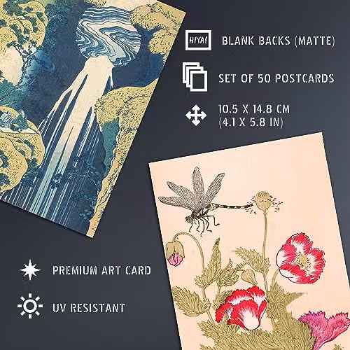 Artery8 50 Piece Japanese Aesthetic Ukiyo-e Woodblock Wall Art Collage Kit, Multicolour Paper Poster Collection, W: 14.8 cm, H: 10.5 cm – 4