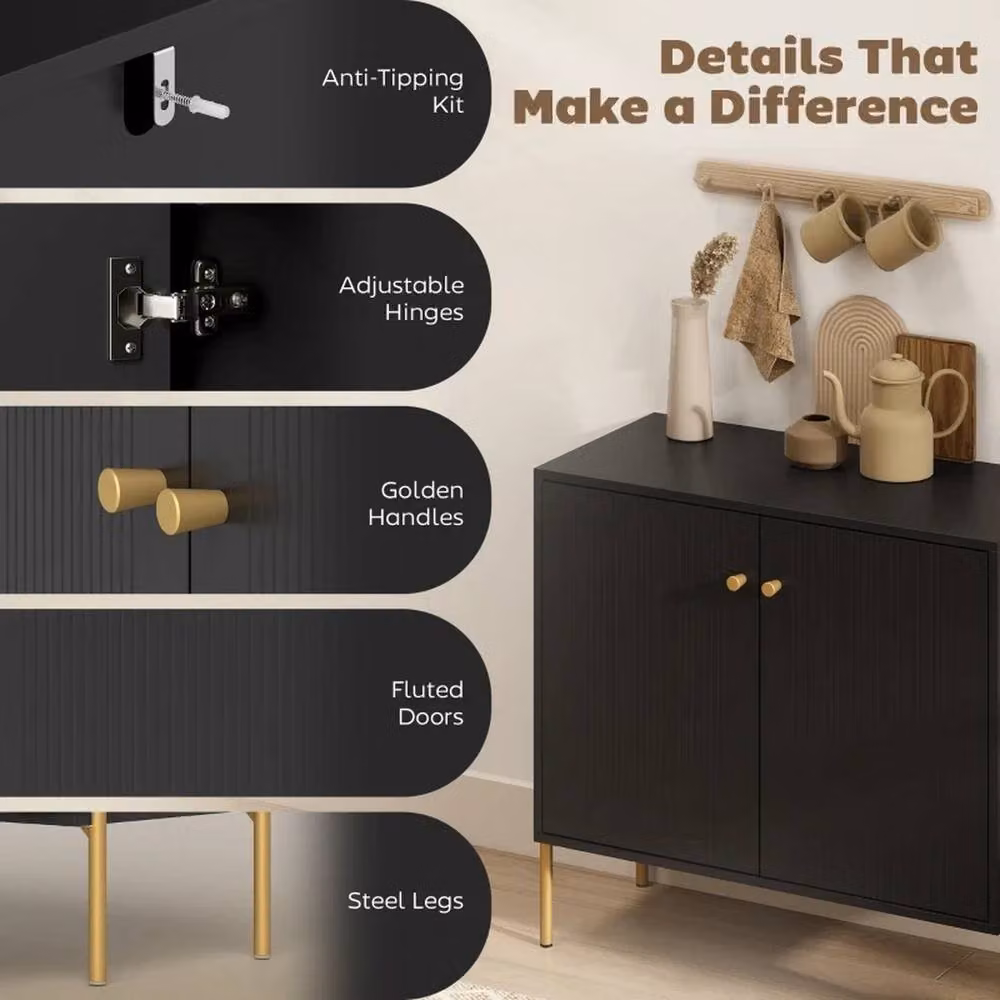 Nordara Black Fluted Sideboard with Gold Handles and Steel Legs – 4
