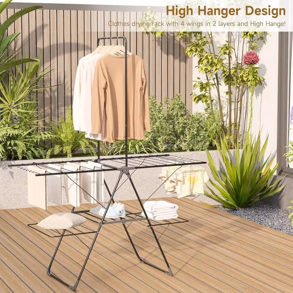 FORGEVIO Winged Metal Clothes Airer with High Hanger in Grey – 2