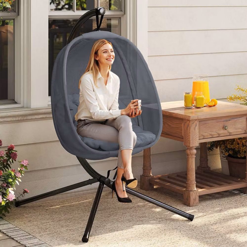 STILVORA Hanging Egg Chair with Stand and Cushion in Grey – 2