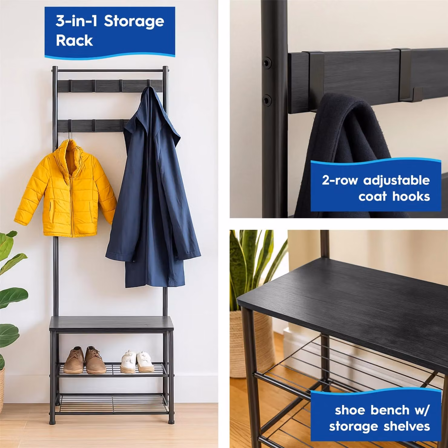 Harbour Housewares Industrial Hall Tree with Shoe Storage Bench and Coat Rack in Black – 3