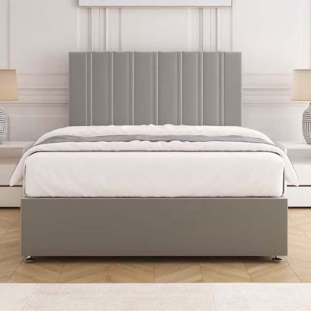 BSSPOKE Sienna Plush Velvet Divan Bed Set with 24 inch Headboard and Mattress in Silver, Double W/D/H: 140 x 200 cm