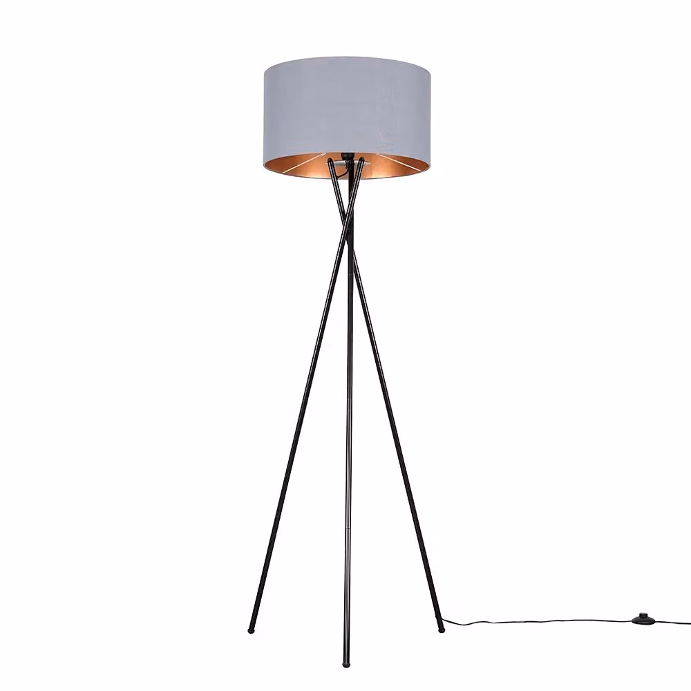 ValueLights Camden Modern Black Metal Tripod Floor Lamp with Grey and Copper Cylinder Shade – 3