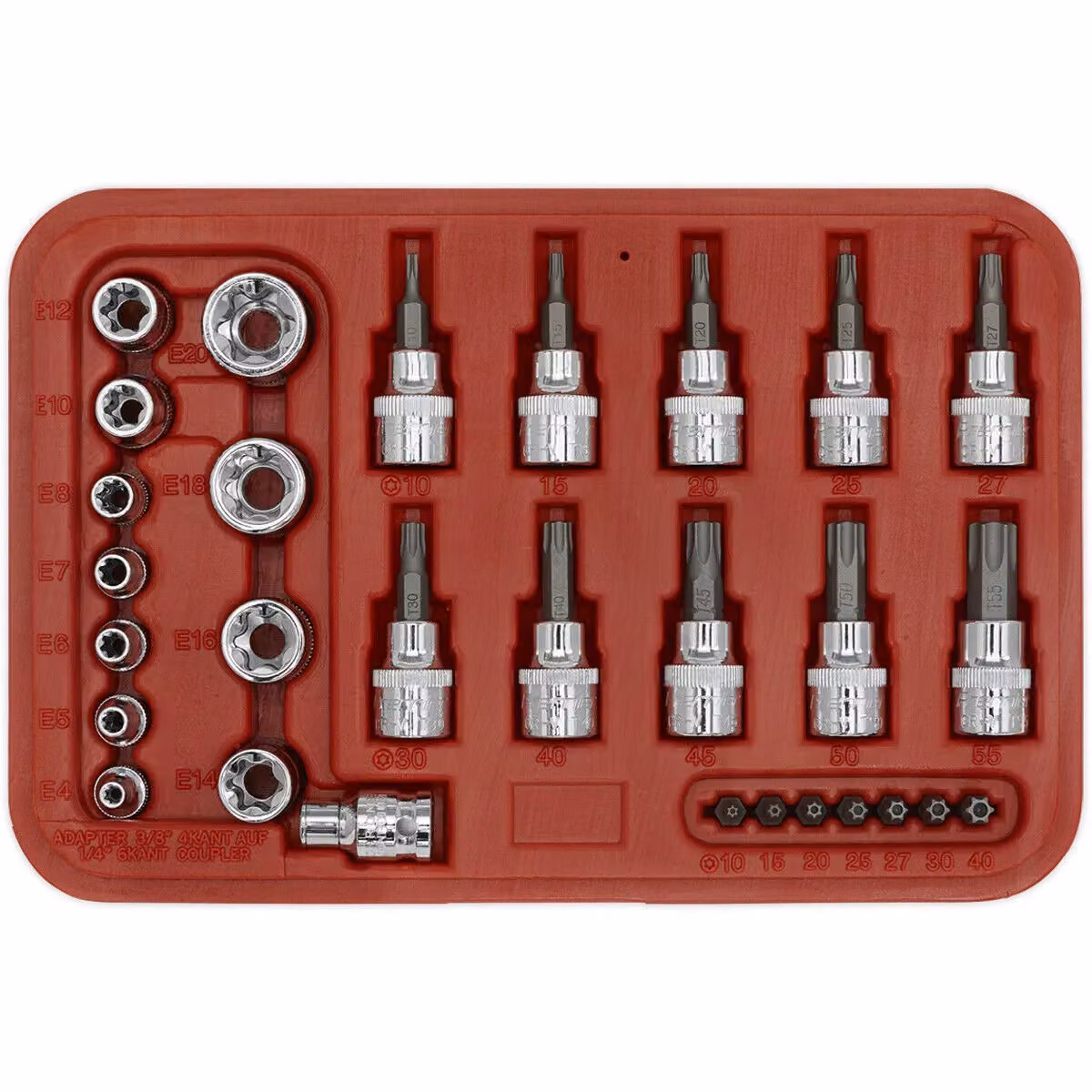 Loops 29pc TRX Star Socket and Security Bit Set in Multicolour Chrome Vanadium Steel with 1/4 inch and 3/8 inch Square Drive Male and Female Ends – 3