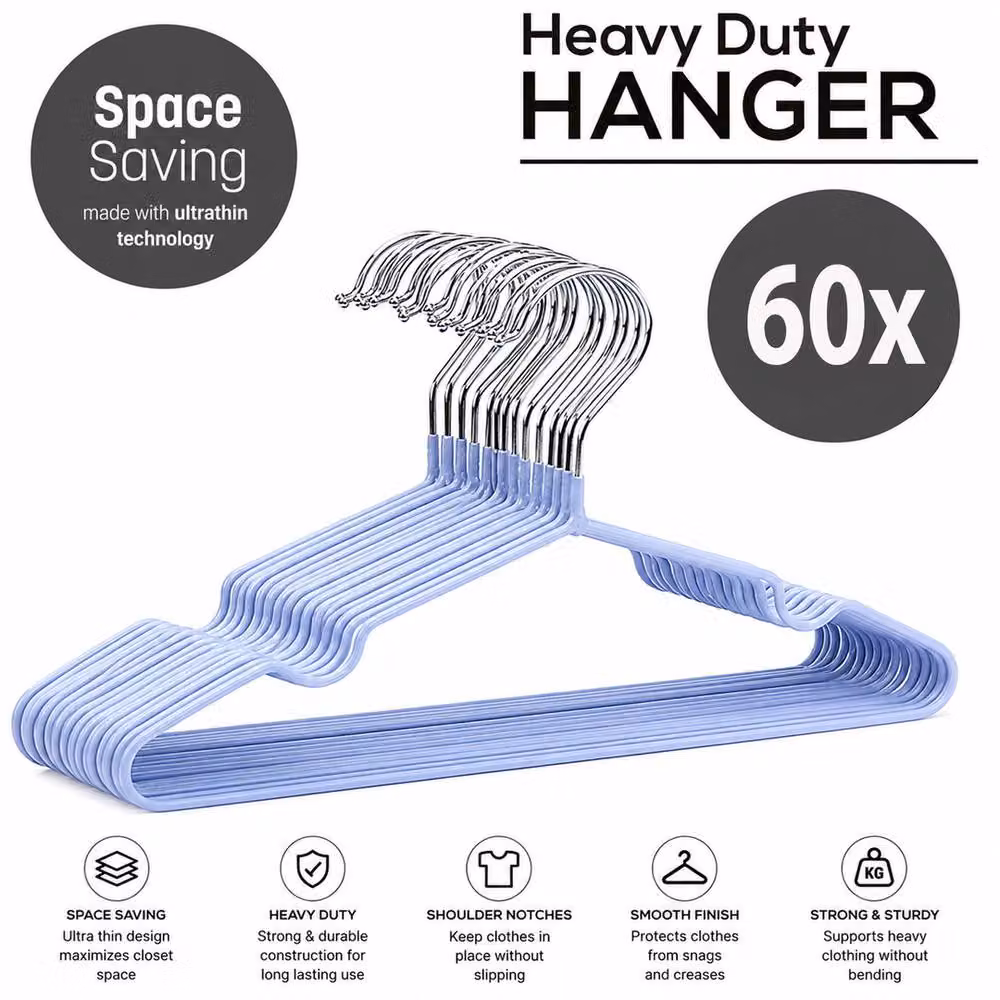 ATEK 60 Pack Premium Non-Slip Rubber-Coated Metal Clothes Hangers in Blue – 2