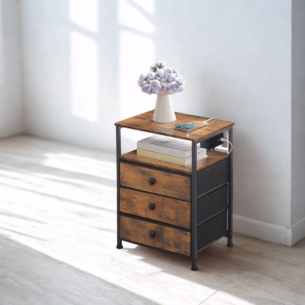 FURNOS Smart Bedside End Table with 3 Drawers and USB Ports, Brown, W/D/H: 60 x 39 x 29 cm – 2