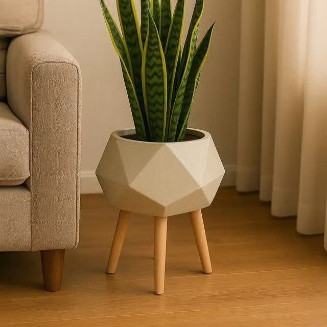 Orsina Darnell White Geometric Tabletop Planter in Ceramic and Wood – 2