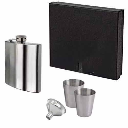 KAV Silver Stainless Steel 8oz Hip Flask Set with Gift Box, Funnel and 2 Shot Cups