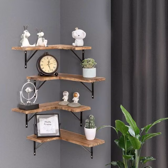 Levede 4-Piece L-Shaped Corner Floating Wooden Wall Shelves in Natural Brown – 1